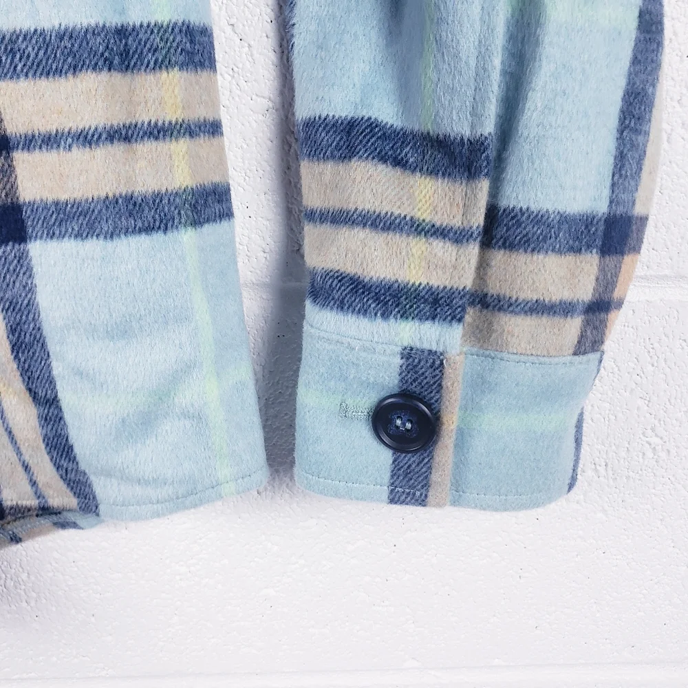 AVEC LES FILLES Oversized Plaid Button Front‎ Fleece Shacket Blue Women's  Small
